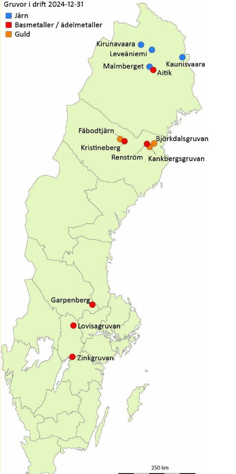 Gruvor i drift i Sverige, kilde: Bergsstaten