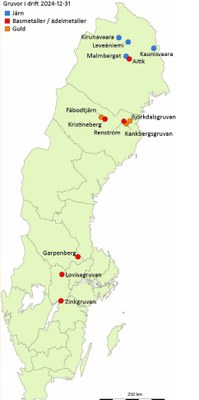 Gruvor i drift i Sverige, kilde: Bergsstaten